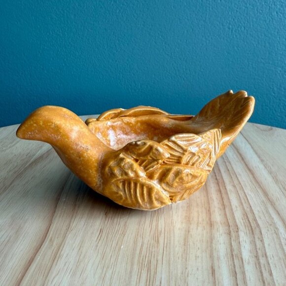 Vintage Handcrafted Orange Ceramic Bird Dish Candle Ring With Feather Detail MCM - Picture 1 of 9